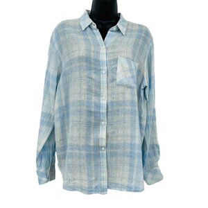 Rails Women's Charli Rockport Plaid Shirt Size M Linen Blend Pale Blue Button Up